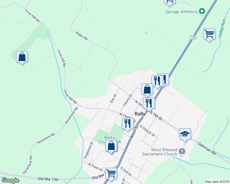 map of restaurants, bars, coffee shops, grocery stores, and more near 637 Elm Street in Bally