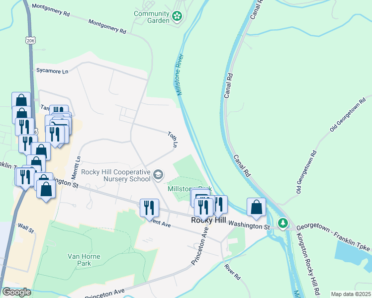 map of restaurants, bars, coffee shops, grocery stores, and more near 11 Toth Lane in Rocky Hill