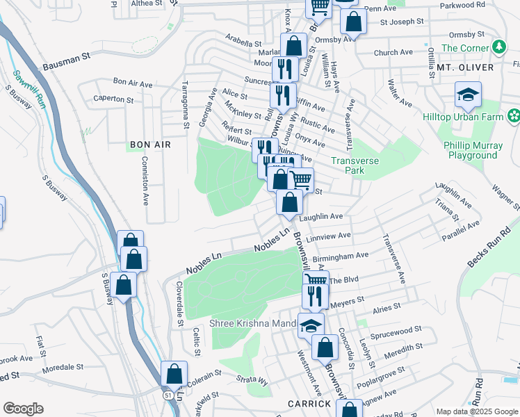map of restaurants, bars, coffee shops, grocery stores, and more near 38 Minooka Street in Pittsburgh