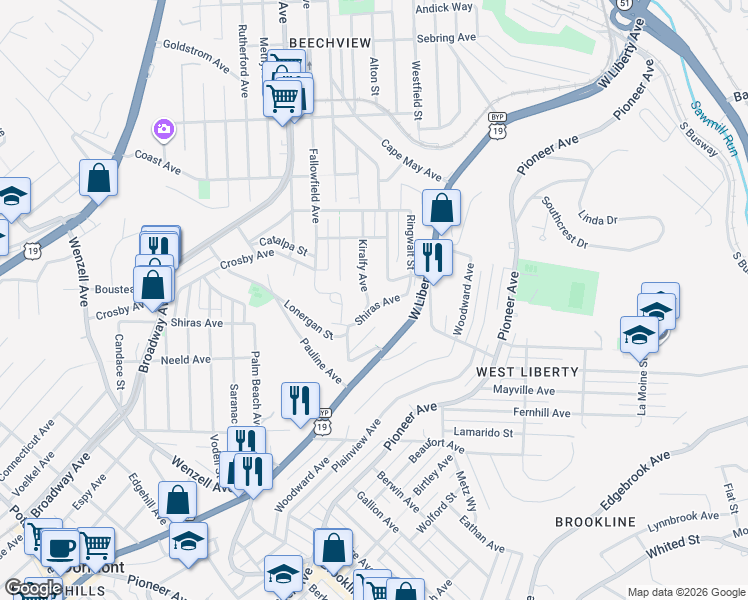 map of restaurants, bars, coffee shops, grocery stores, and more near 1998 Texdale Street in Pittsburgh