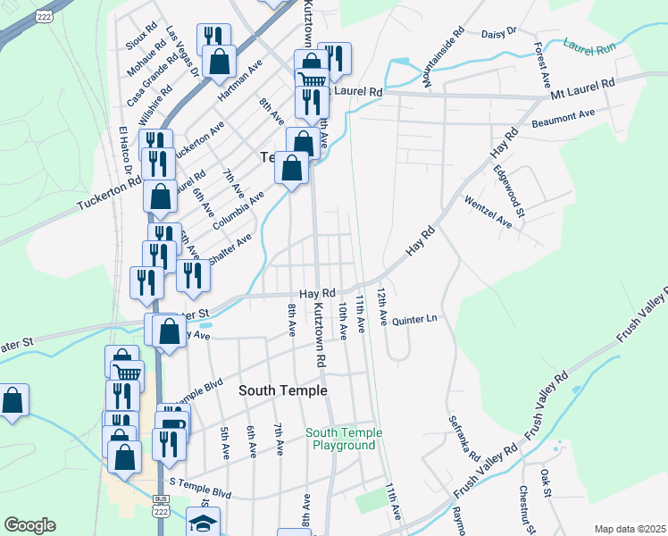 map of restaurants, bars, coffee shops, grocery stores, and more near 4511 Kutztown Road in Temple