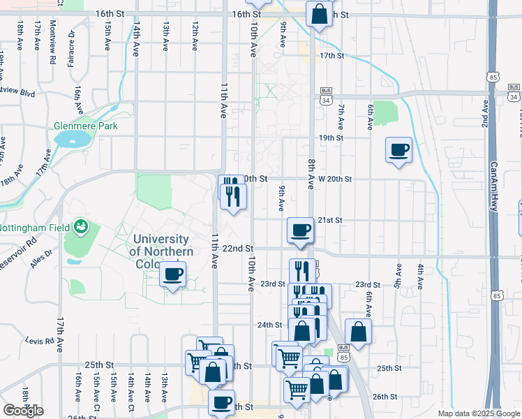 map of restaurants, bars, coffee shops, grocery stores, and more near 2036 10th Avenue in Greeley