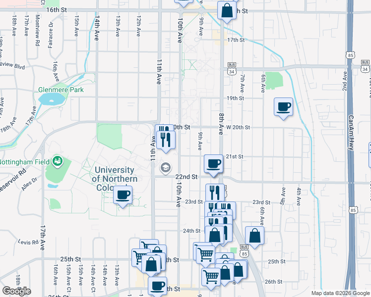 map of restaurants, bars, coffee shops, grocery stores, and more near 2038 10th Avenue in Greeley