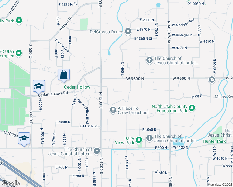map of restaurants, bars, coffee shops, grocery stores, and more near 1320 North 1300 East Street in Lehi
