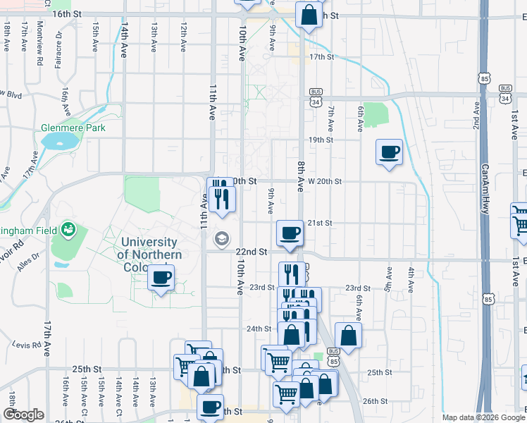 map of restaurants, bars, coffee shops, grocery stores, and more near 2037 9th Avenue in Greeley