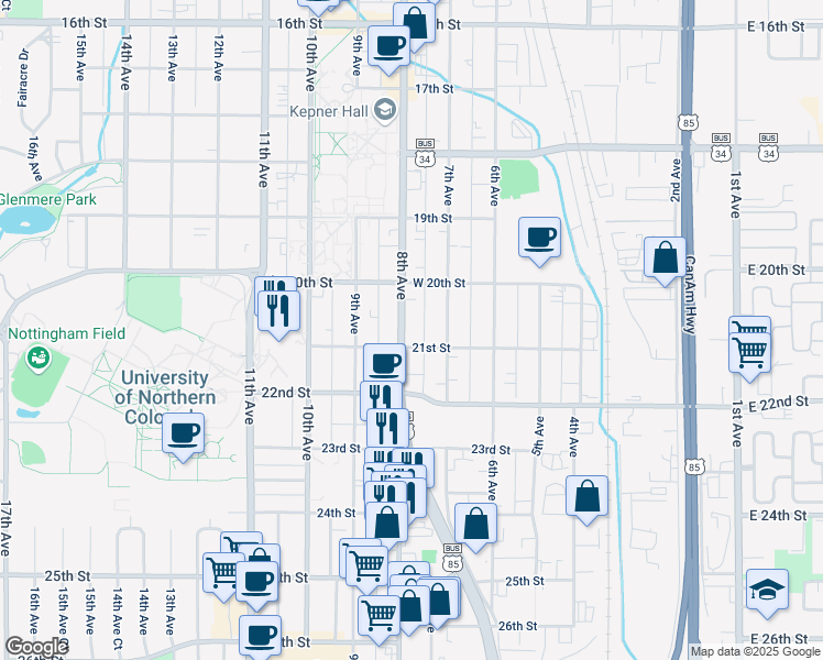 map of restaurants, bars, coffee shops, grocery stores, and more near 2036 8th Avenue in Greeley