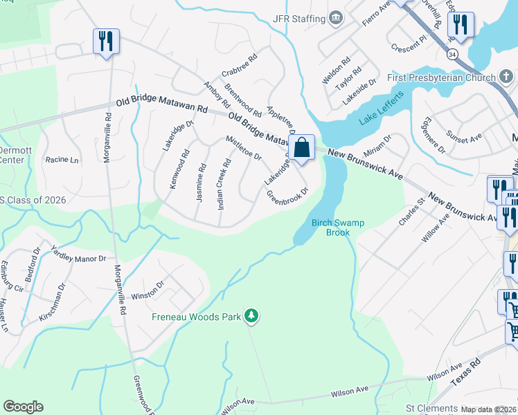 map of restaurants, bars, coffee shops, grocery stores, and more near 25 Lakeridge Drive in Matawan