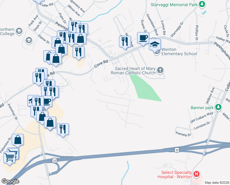 map of restaurants, bars, coffee shops, grocery stores, and more near 80 Braxton Road in Weirton