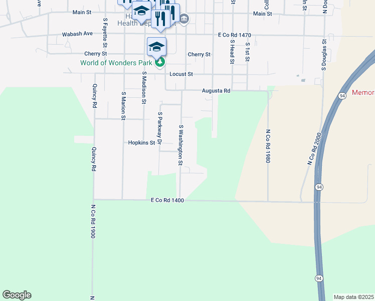 map of restaurants, bars, coffee shops, grocery stores, and more near 701-719 South Washington Street in Carthage