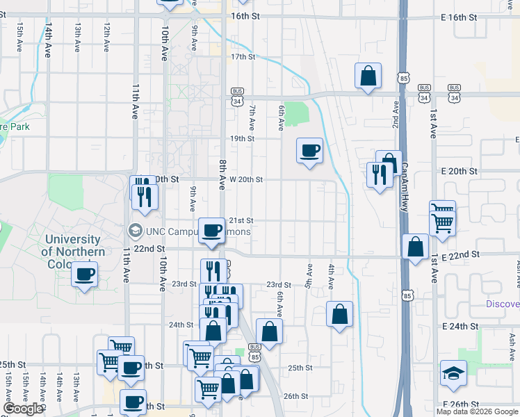 map of restaurants, bars, coffee shops, grocery stores, and more near 608 21st Street in Greeley