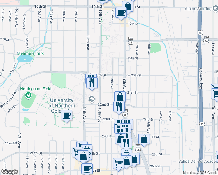map of restaurants, bars, coffee shops, grocery stores, and more near 924 21st Street in Greeley