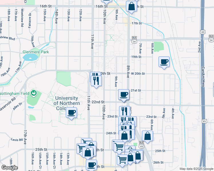 map of restaurants, bars, coffee shops, grocery stores, and more near 924 21st Street in Greeley