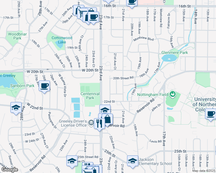 map of restaurants, bars, coffee shops, grocery stores, and more near 2122 22nd Avenue in Greeley
