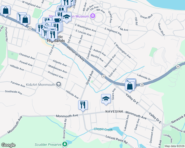 map of restaurants, bars, coffee shops, grocery stores, and more near 156 Grand Avenue in Atlantic Highlands