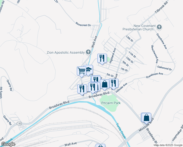 map of restaurants, bars, coffee shops, grocery stores, and more near 448 Eleanor Street in Pitcairn