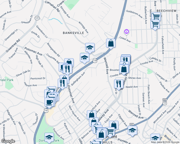 map of restaurants, bars, coffee shops, grocery stores, and more near 2670 Crosby Avenue in Pittsburgh