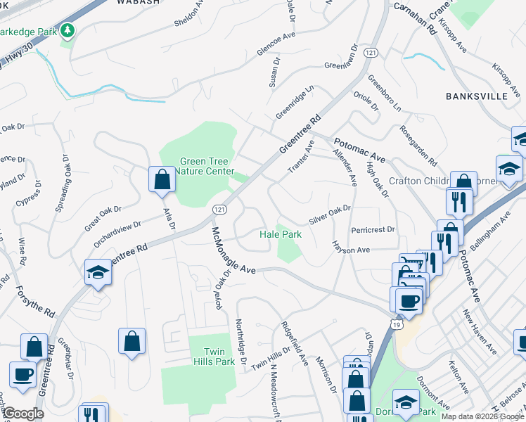 map of restaurants, bars, coffee shops, grocery stores, and more near 26 Robinhood Road in Pittsburgh
