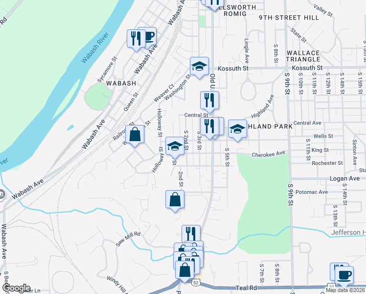 map of restaurants, bars, coffee shops, grocery stores, and more near 1305 South 2nd Street in Lafayette