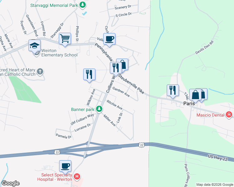 map of restaurants, bars, coffee shops, grocery stores, and more near 205 Ritchie Avenue in Weirton