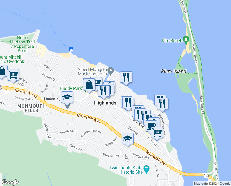 map of restaurants, bars, coffee shops, grocery stores, and more near 118 Marina Bay Court in Highlands