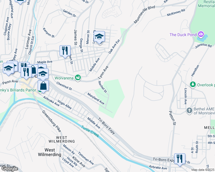 map of restaurants, bars, coffee shops, grocery stores, and more near 106 Ohio Avenue in Turtle Creek