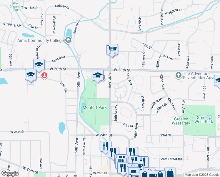 map of restaurants, bars, coffee shops, grocery stores, and more near 2101 47th Avenue in Greeley
