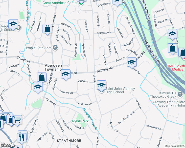 map of restaurants, bars, coffee shops, grocery stores, and more near 499 Line Road in Matawan