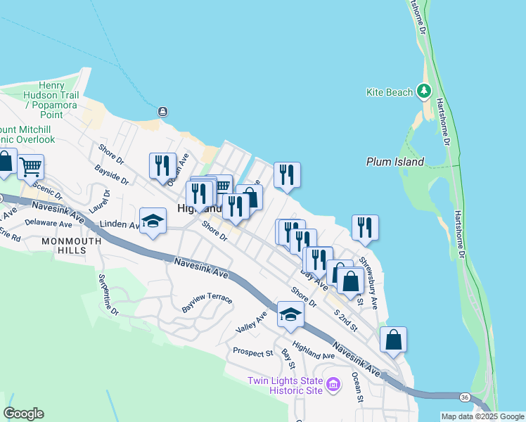 map of restaurants, bars, coffee shops, grocery stores, and more near 118 Marina Bay Court in Highlands