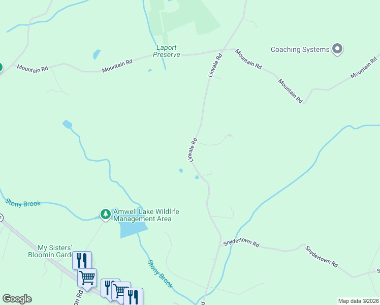 map of restaurants, bars, coffee shops, grocery stores, and more near 110-140 Linvale Road in East Amwell Township