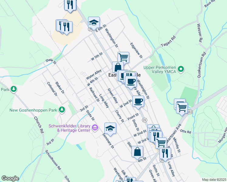 map of restaurants, bars, coffee shops, grocery stores, and more near 204 3rd Street in East Greenville