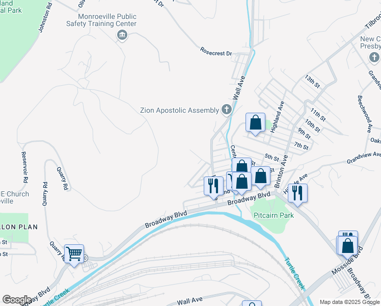 map of restaurants, bars, coffee shops, grocery stores, and more near 554 Wood Street in Pitcairn