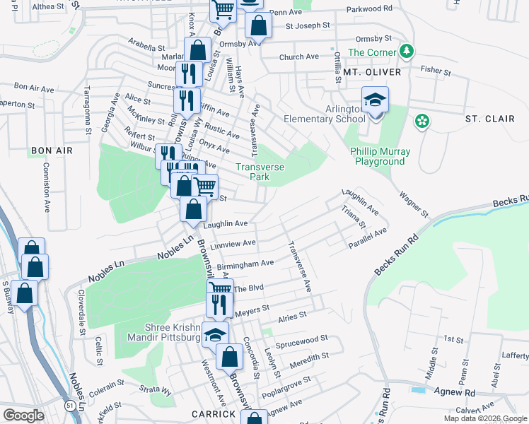 map of restaurants, bars, coffee shops, grocery stores, and more near 1010 Wingate Street in Pittsburgh