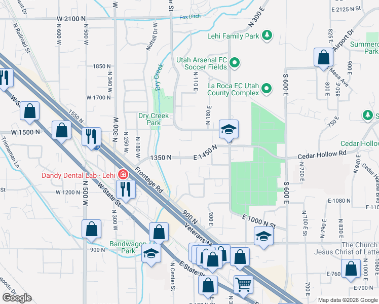 map of restaurants, bars, coffee shops, grocery stores, and more near 102 1460 North in Lehi