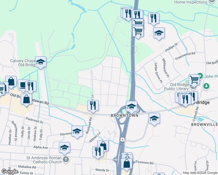 map of restaurants, bars, coffee shops, grocery stores, and more near 1 South Ashwood Mall in Old Bridge