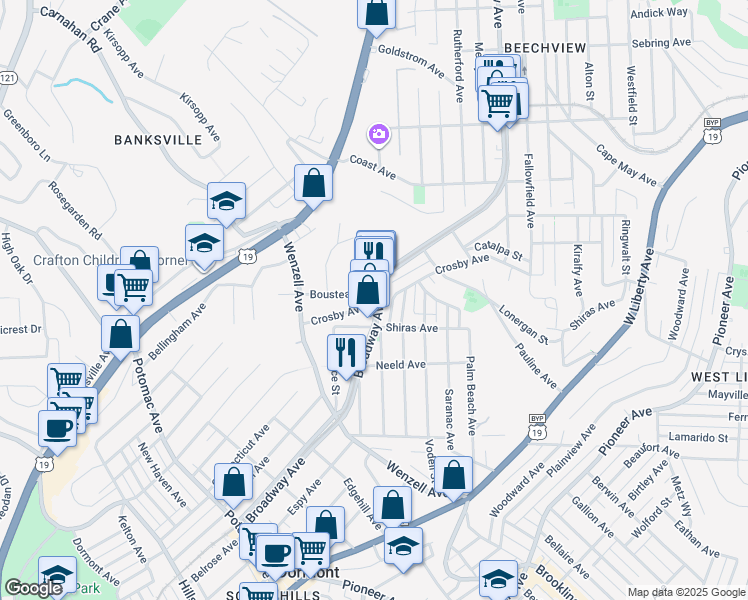 map of restaurants, bars, coffee shops, grocery stores, and more near 2126 Boustead Street in Pittsburgh