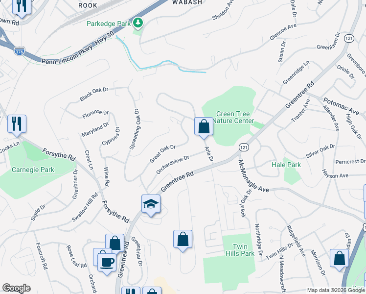 map of restaurants, bars, coffee shops, grocery stores, and more near 1330 Great Oak Drive in Pittsburgh