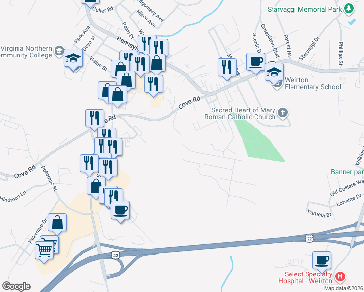 map of restaurants, bars, coffee shops, grocery stores, and more near 133 Kusic St in Weirton