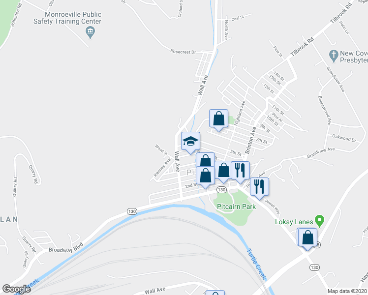 map of restaurants, bars, coffee shops, grocery stores, and more near 425 Robinson Street in Pitcairn