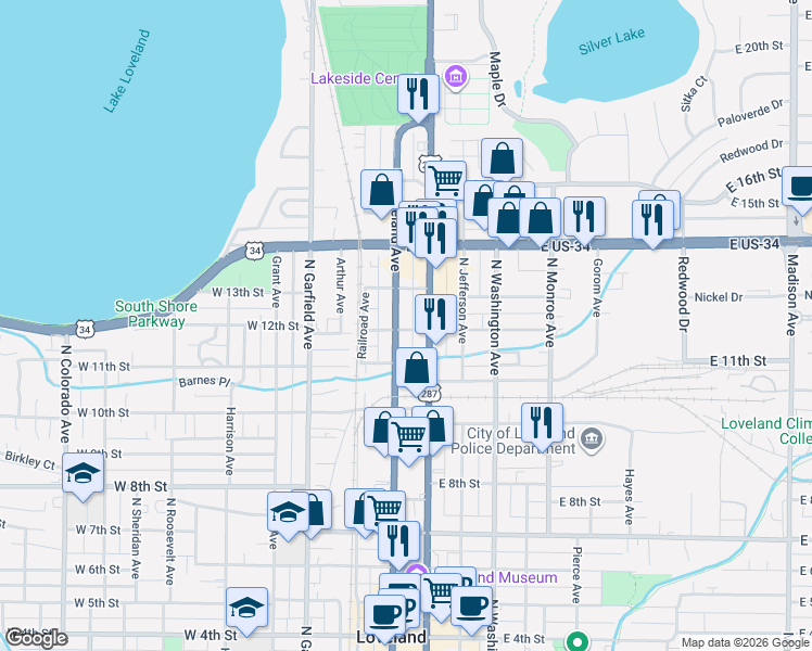 map of restaurants, bars, coffee shops, grocery stores, and more near 1243 North Lincoln Avenue in Loveland
