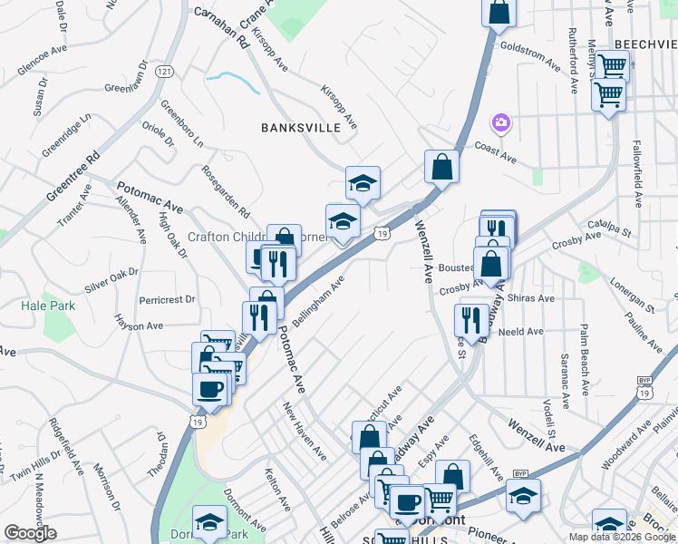 map of restaurants, bars, coffee shops, grocery stores, and more near in Pittsburgh