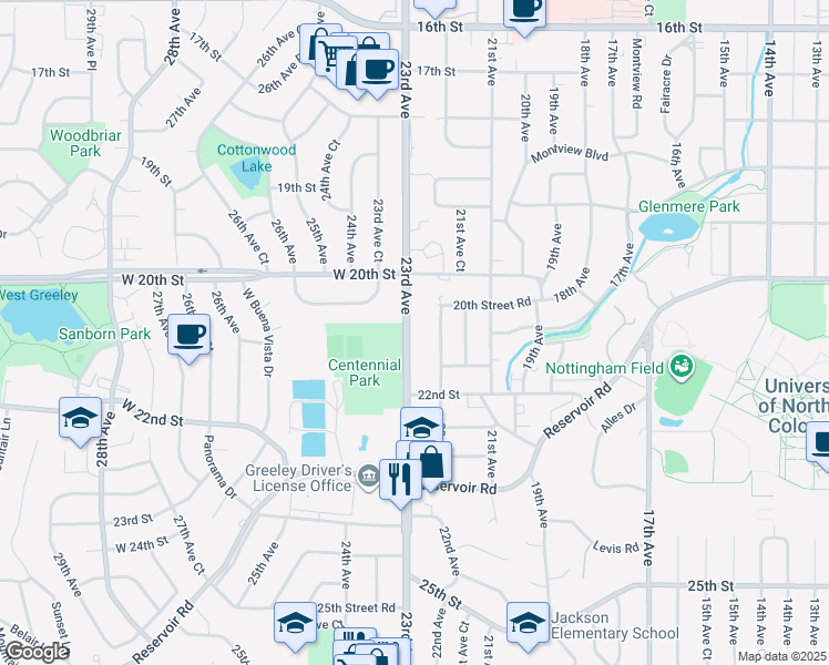 map of restaurants, bars, coffee shops, grocery stores, and more near 2033 22nd Avenue in Greeley