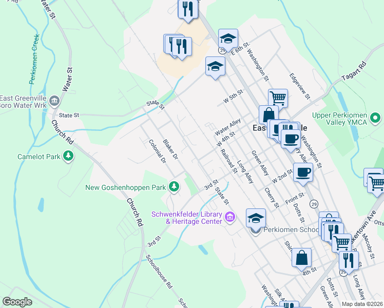 map of restaurants, bars, coffee shops, grocery stores, and more near 422 State Street in East Greenville