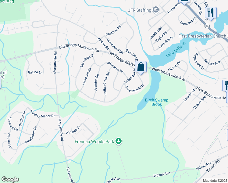 map of restaurants, bars, coffee shops, grocery stores, and more near 9 Honeysuckle Lane in Matawan