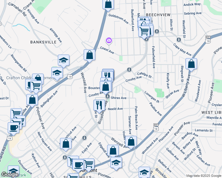 map of restaurants, bars, coffee shops, grocery stores, and more near 2101 Broadway Avenue in Pittsburgh