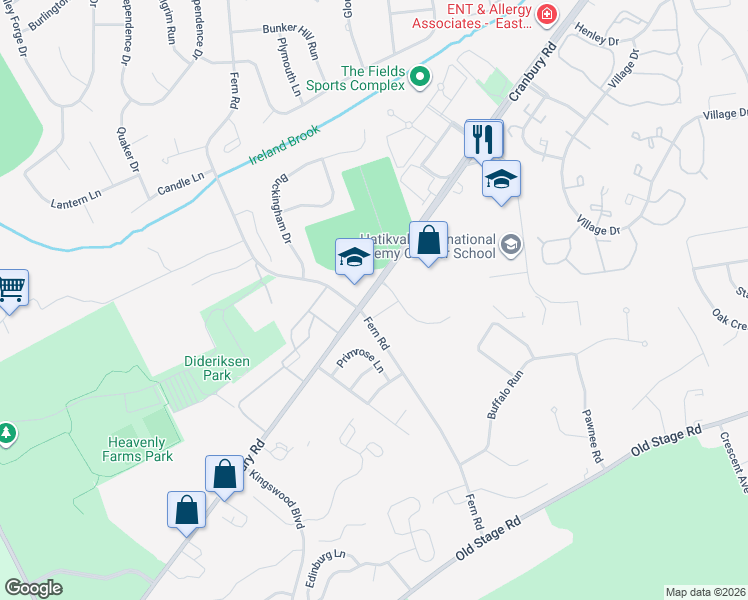 map of restaurants, bars, coffee shops, grocery stores, and more near 624 Cranbury Road in East Brunswick