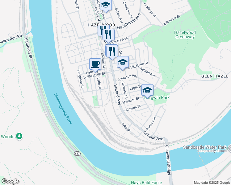 map of restaurants, bars, coffee shops, grocery stores, and more near 5219 Second Avenue in Pittsburgh