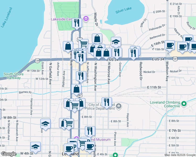 map of restaurants, bars, coffee shops, grocery stores, and more near 1273 North Washington Avenue in Loveland