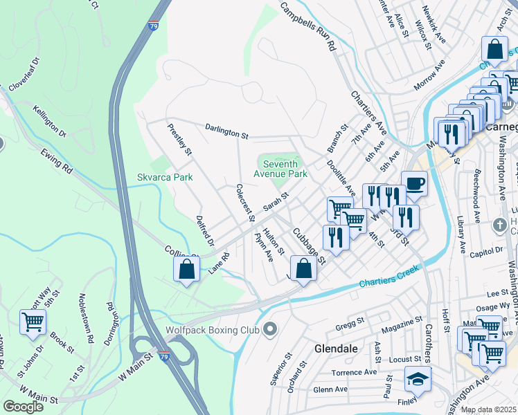 map of restaurants, bars, coffee shops, grocery stores, and more near 722 Sarah Street in Carnegie