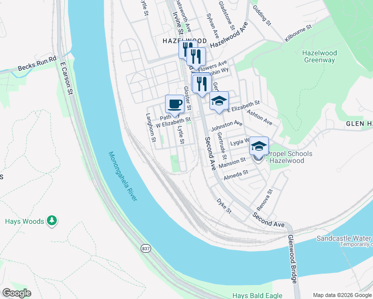 map of restaurants, bars, coffee shops, grocery stores, and more near in Pittsburgh