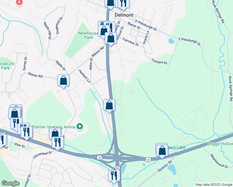 map of restaurants, bars, coffee shops, grocery stores, and more near 2315 Pennsylvania 66 in Delmont